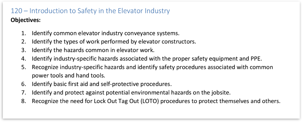 Introduction to safety in the elevator industry - course objectives